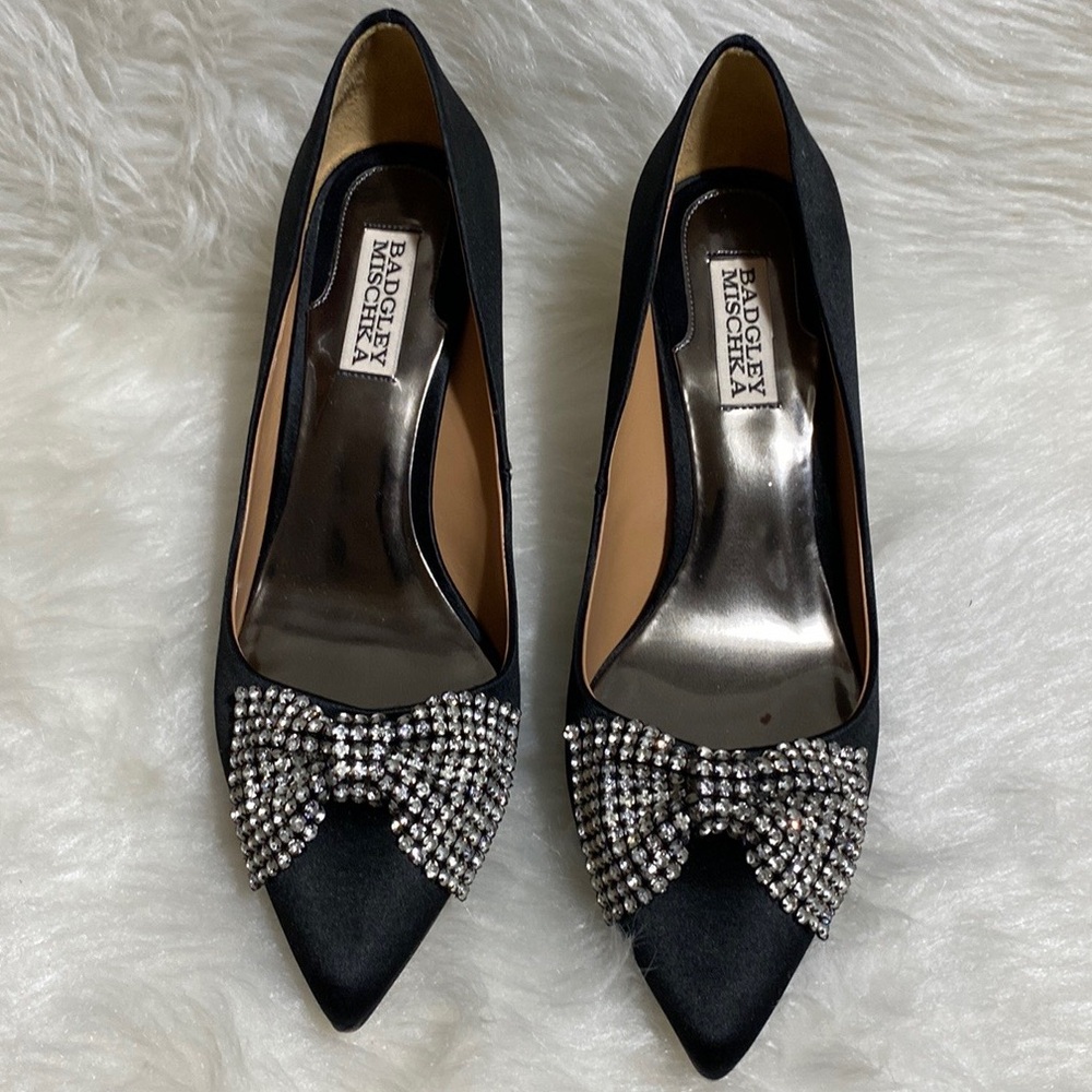 Badgley Mischka Rhinestone Bow Satin Pumps